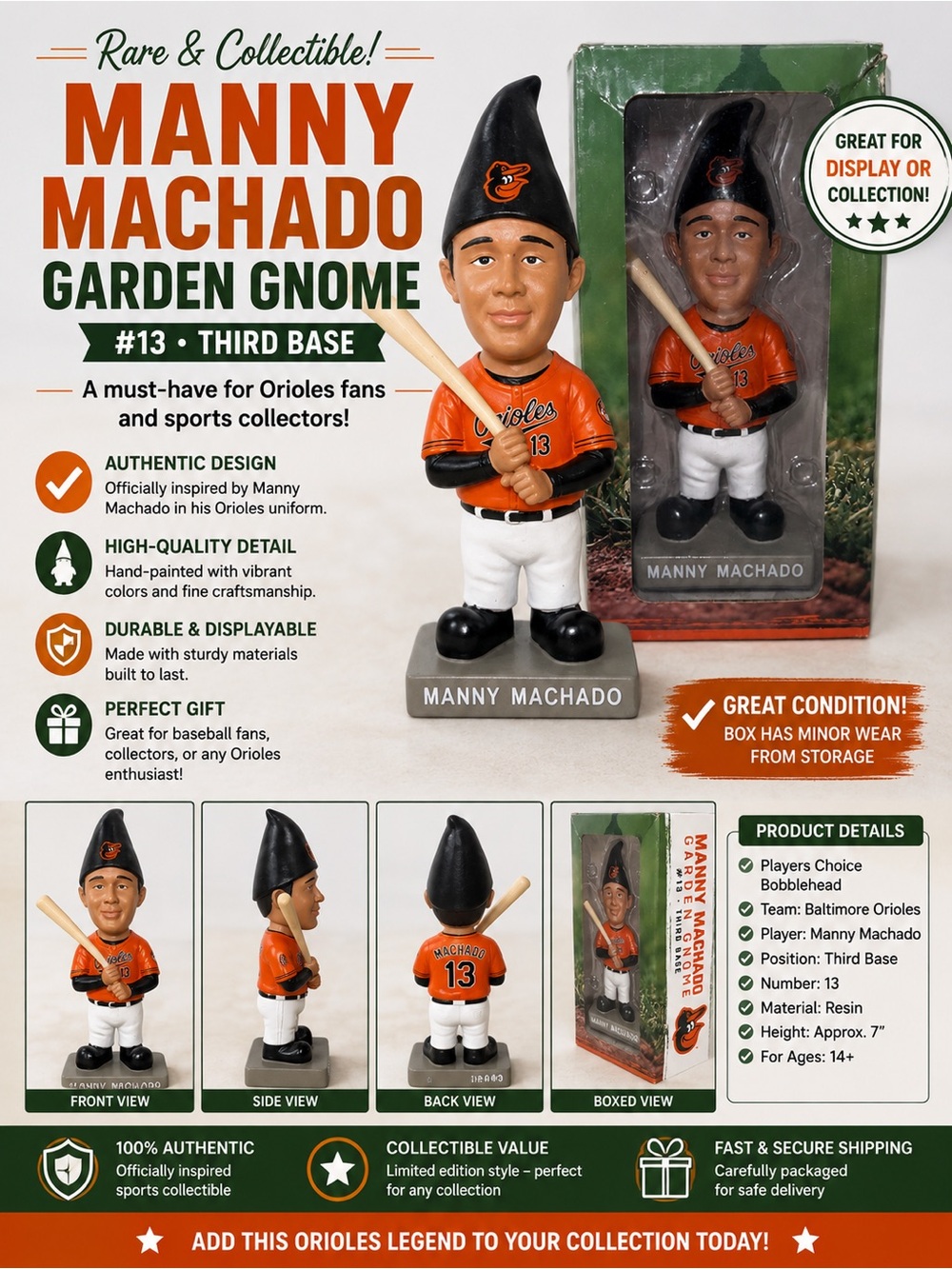 MLB Manny Machado Orioles Orange Black Garden Gnome